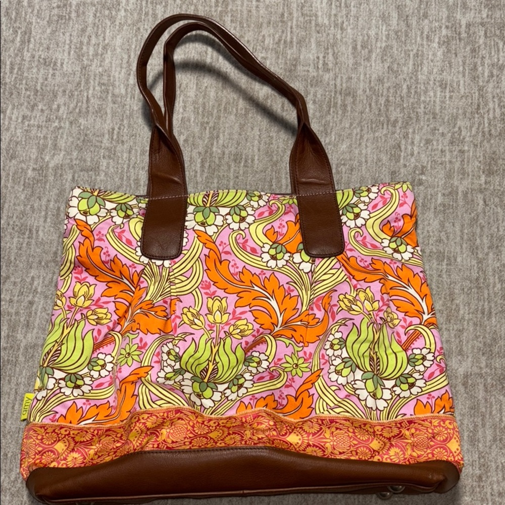 AMY BUTLER Floral Orange Shoulder Tote Bag with Brown Trim